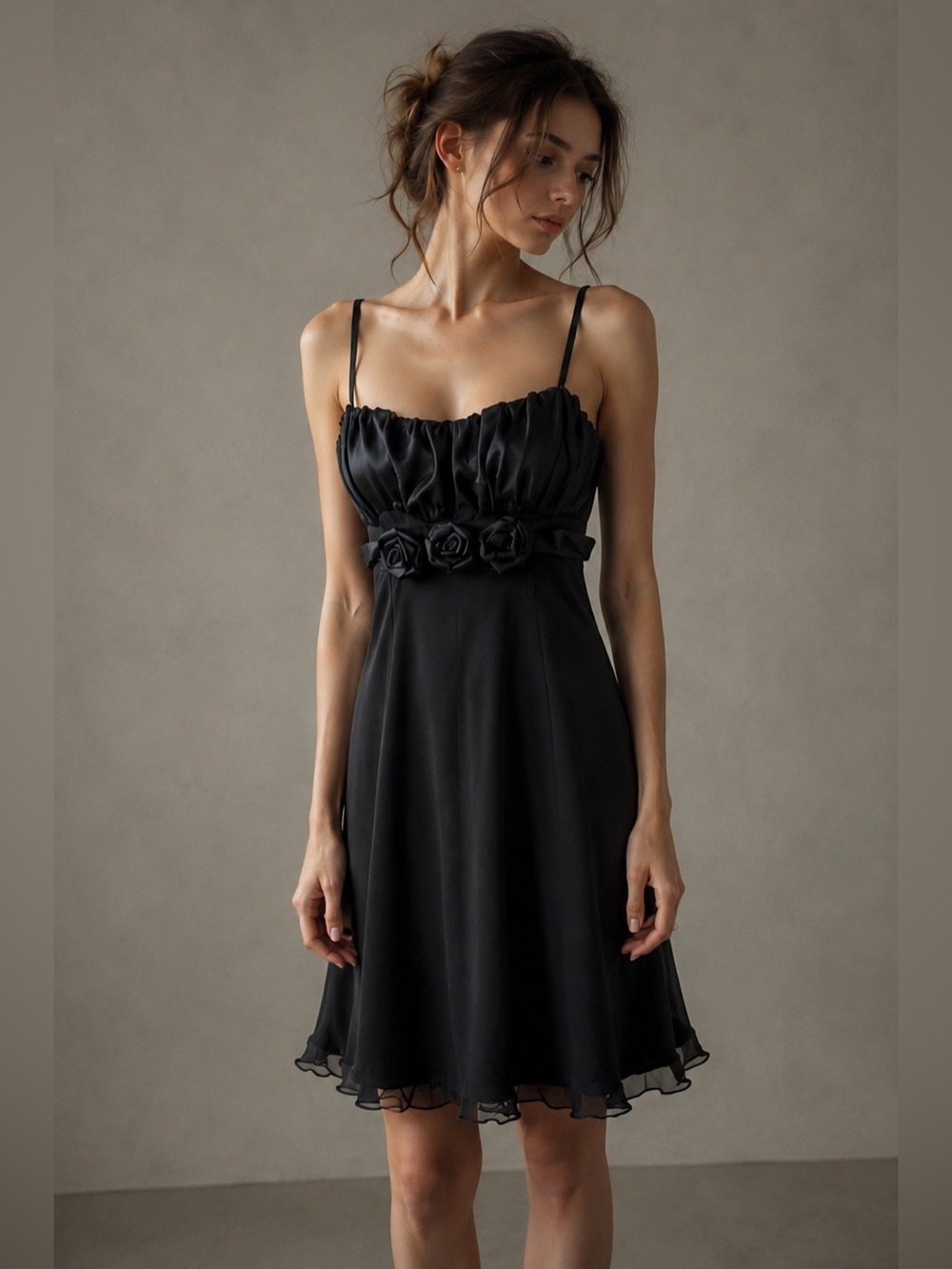 Snap Women’s Black Boho Cocktail Dress Satin Bow Rosette Trim Sz 7Junior